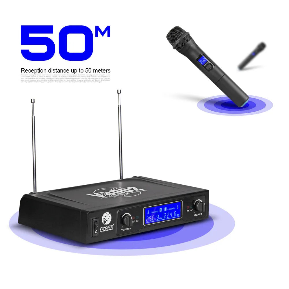 V-3002 wireless microphone system with two black handheld microphones and transmitter unit