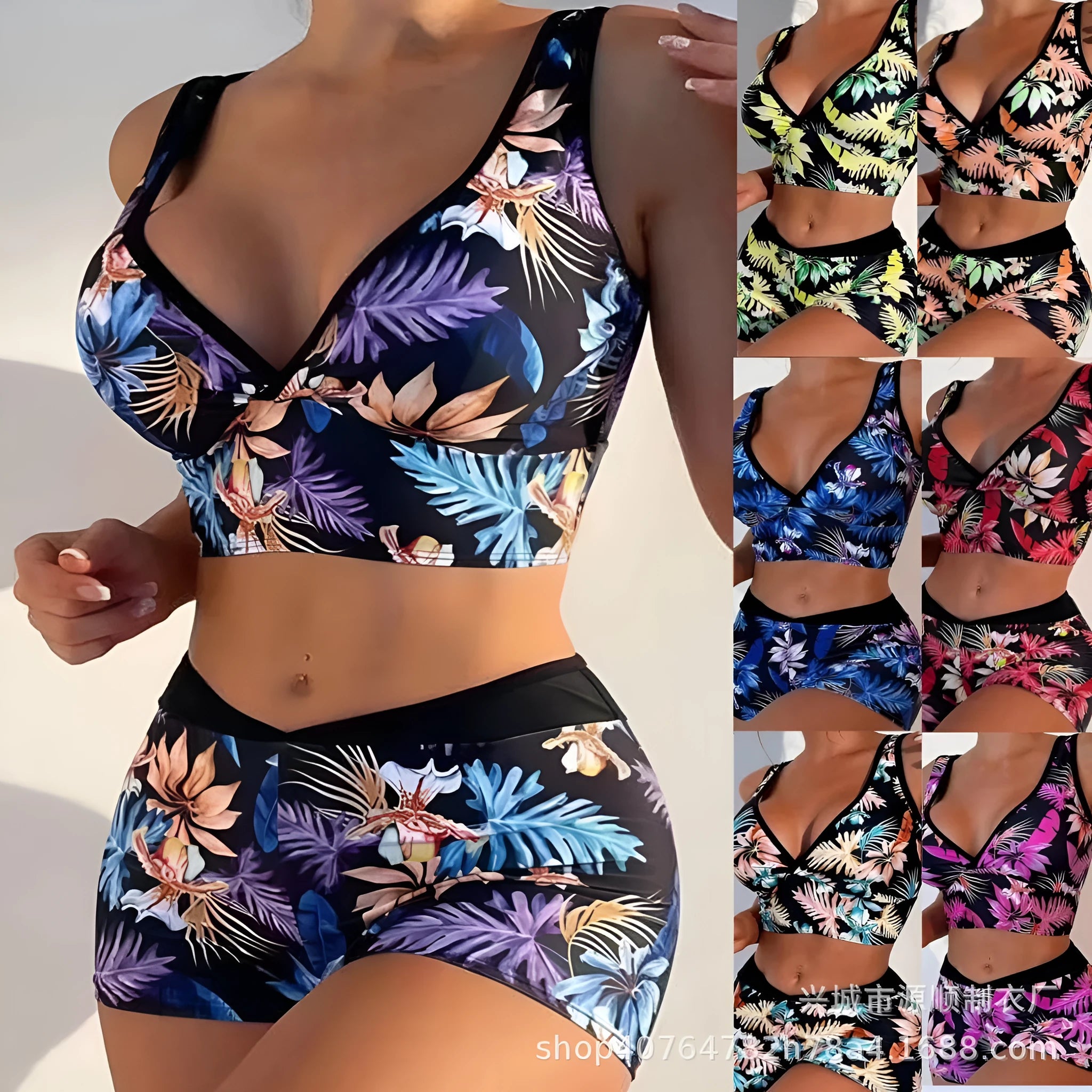 Women's two-piece printed swimsuit with high-neck top and boxer shorts in a multi-colour design.