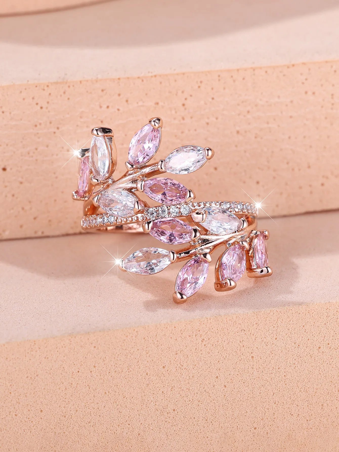Adjustable copper leaf ring with zircon finishes in multiple colour options