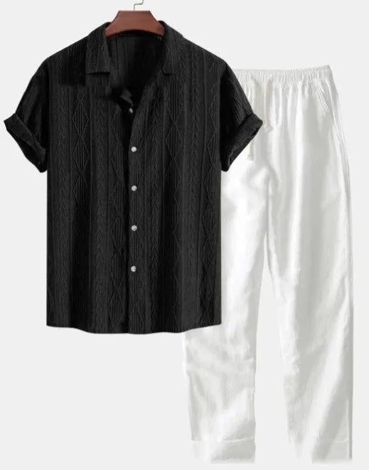 Men's loose short sleeve shirt and trousers suit in milk silk fabric for summer leisure wear
