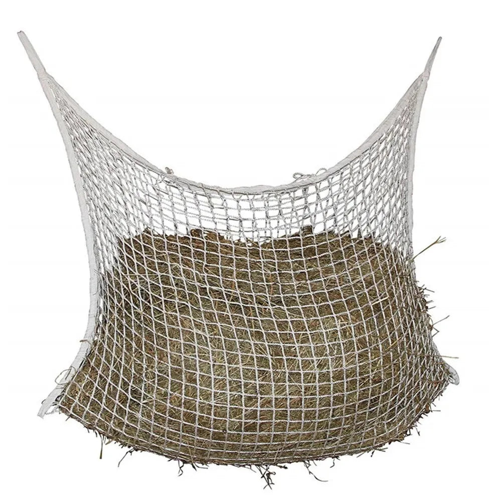 Black woven PE rope hanging feeding bag for horses with grid design