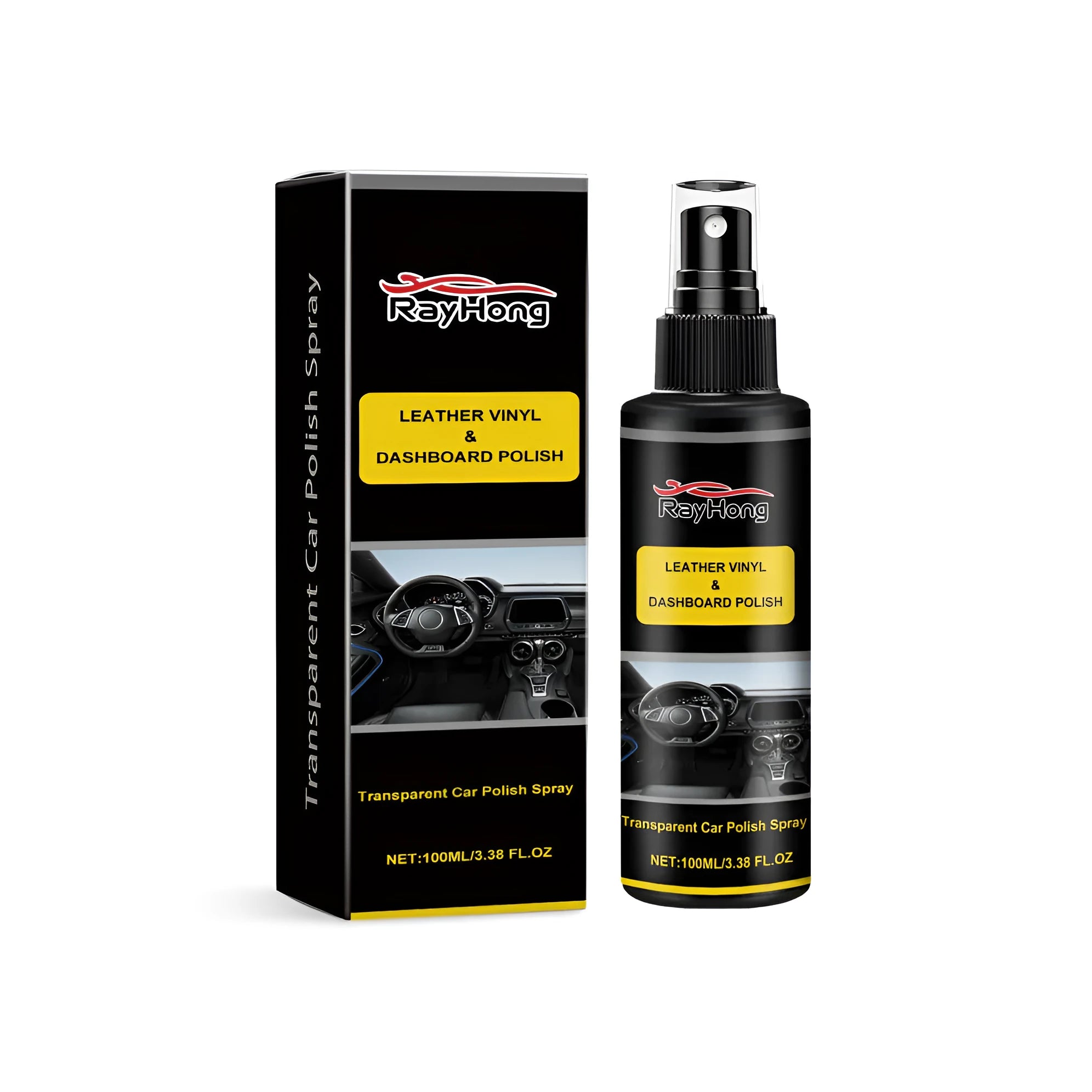 Car polishing spray bottle measuring 3.7cm by 14cm with included storage box