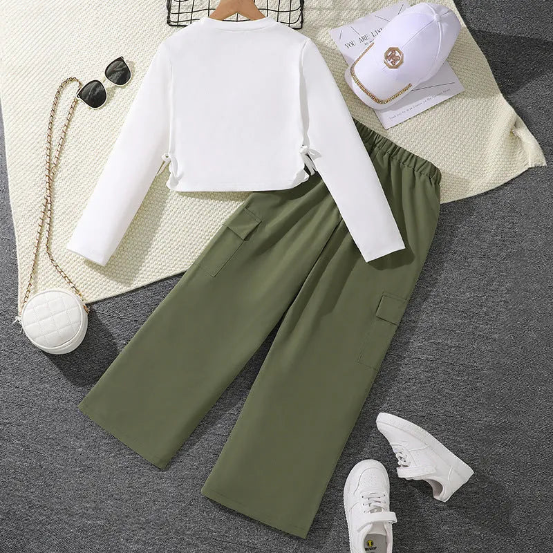 Girls' letter print long sleeve pullover sweater and wide leg pleated overalls set, cotton blend, five colours, 130-170cm