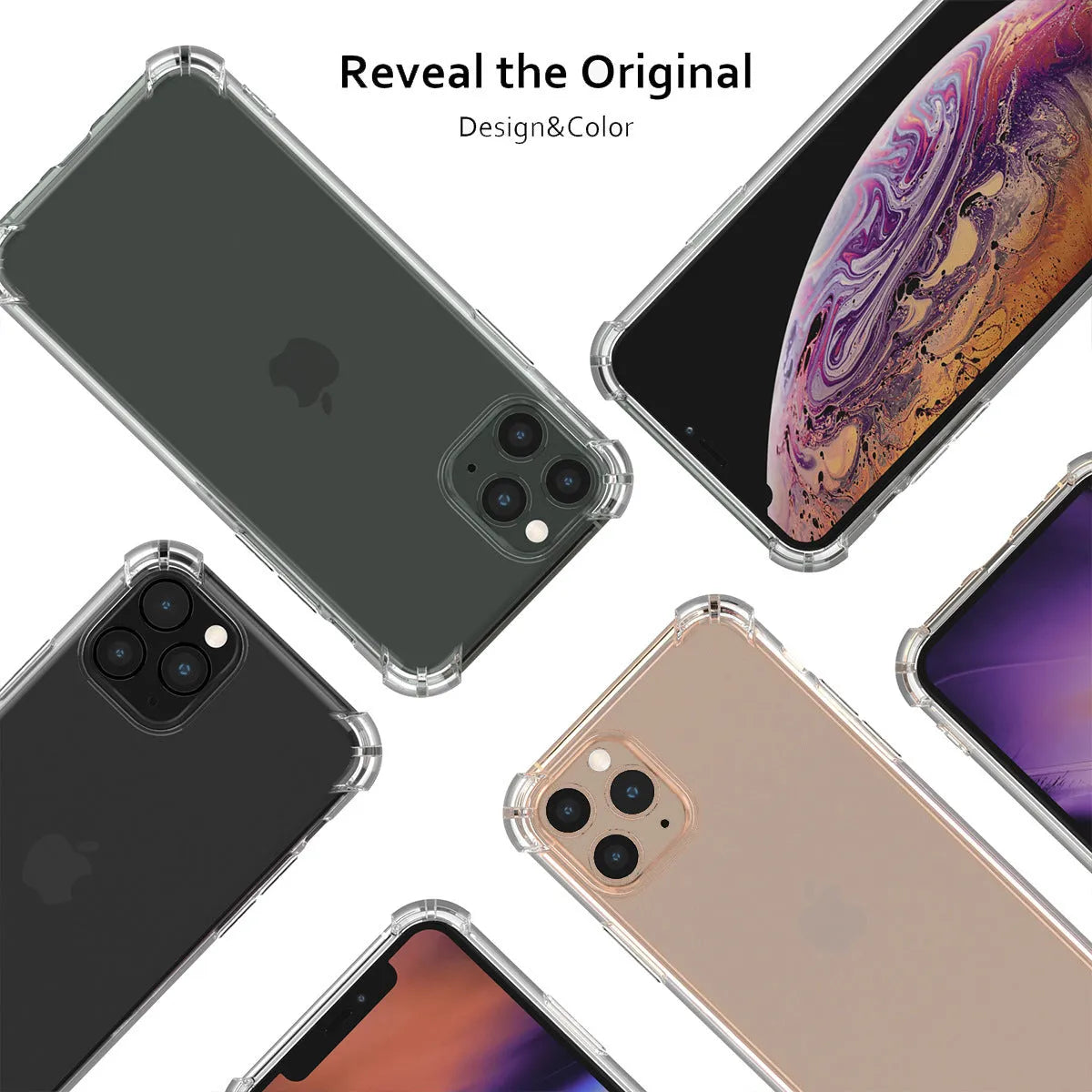 Clear transparent TPU shockproof phone case for multiple iPhone models on a table.
