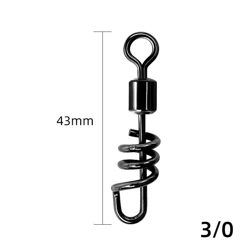 Copper and stainless steel 8-shaped fishing swivel connector on a blue background.