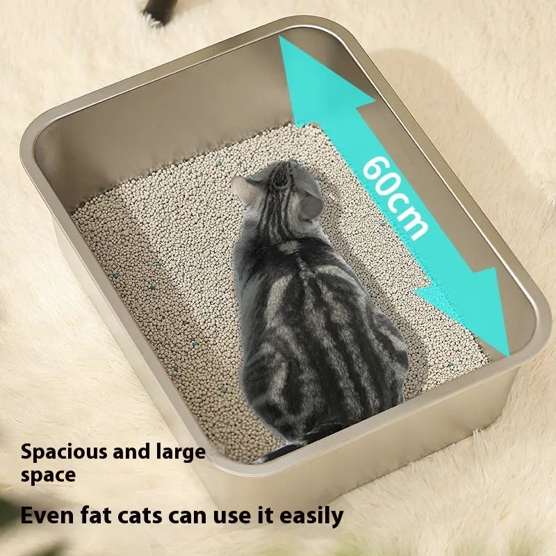 Large anti-wear stainless steel cat litter box, 60x40x20 cm, with smooth metal finish