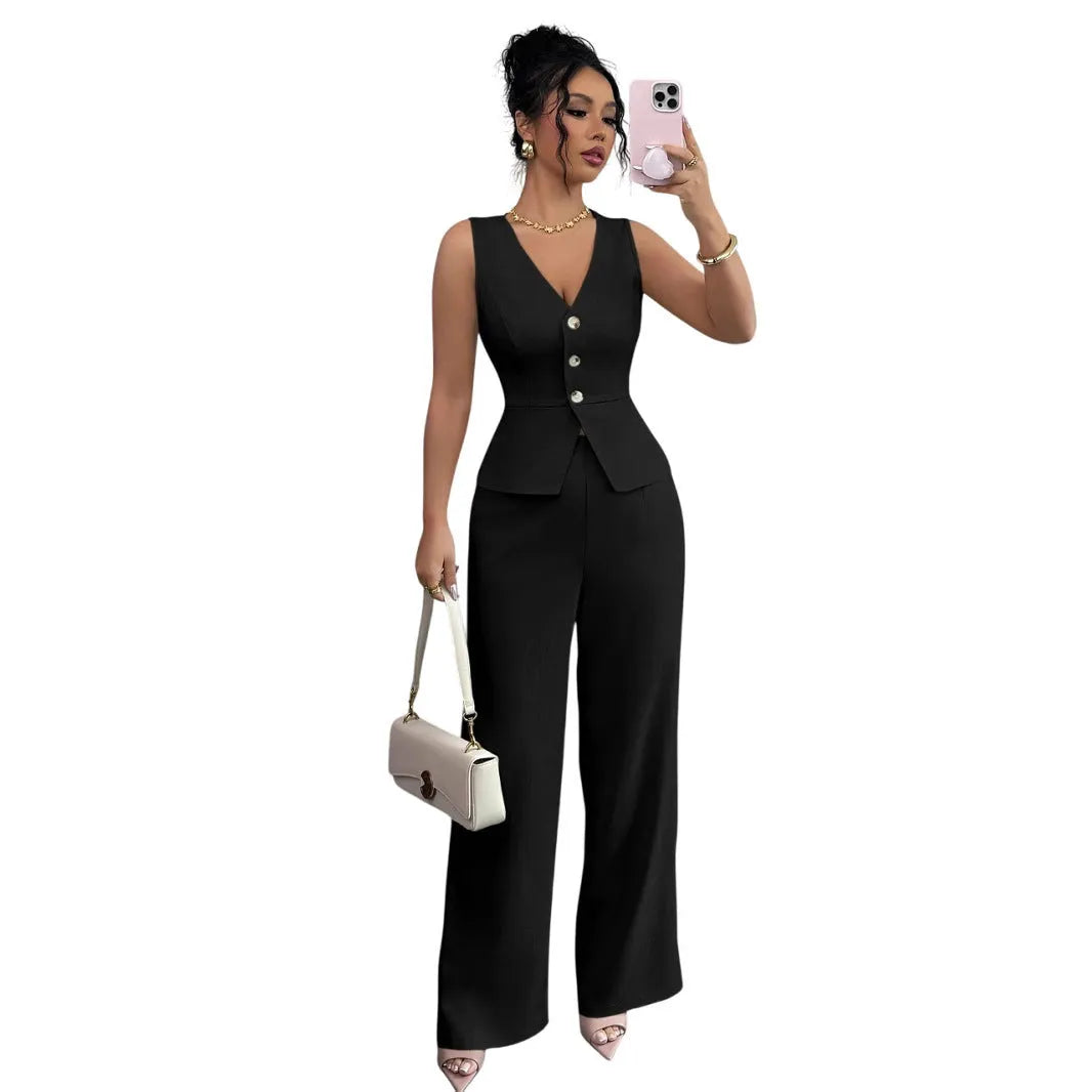 Women's sleeveless vest and high waist trousers two-piece set in solid colour