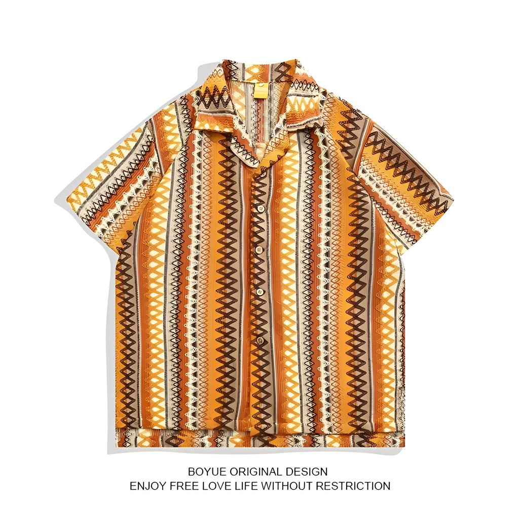 Ethnic woven Cuban collar shirt with drop-shoulder sleeves and loose fit design