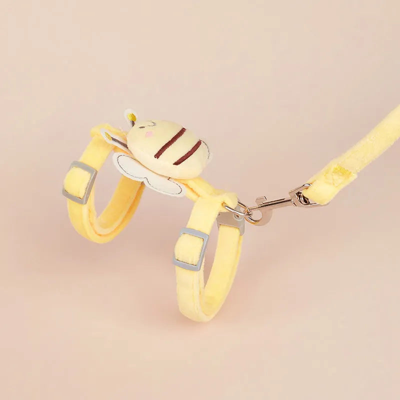 Bee-shaped cat harness and lead set in pink, yellow, and blue colours with adjustable strap