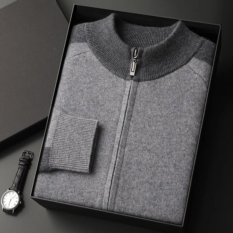 Men's camel coloured cashmere blend half turtleneck zip cardigan and trousers suit set