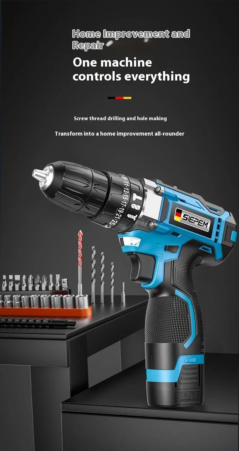 12V two-speed impact pistol drill and electric screwdriver set in a plastic storage box