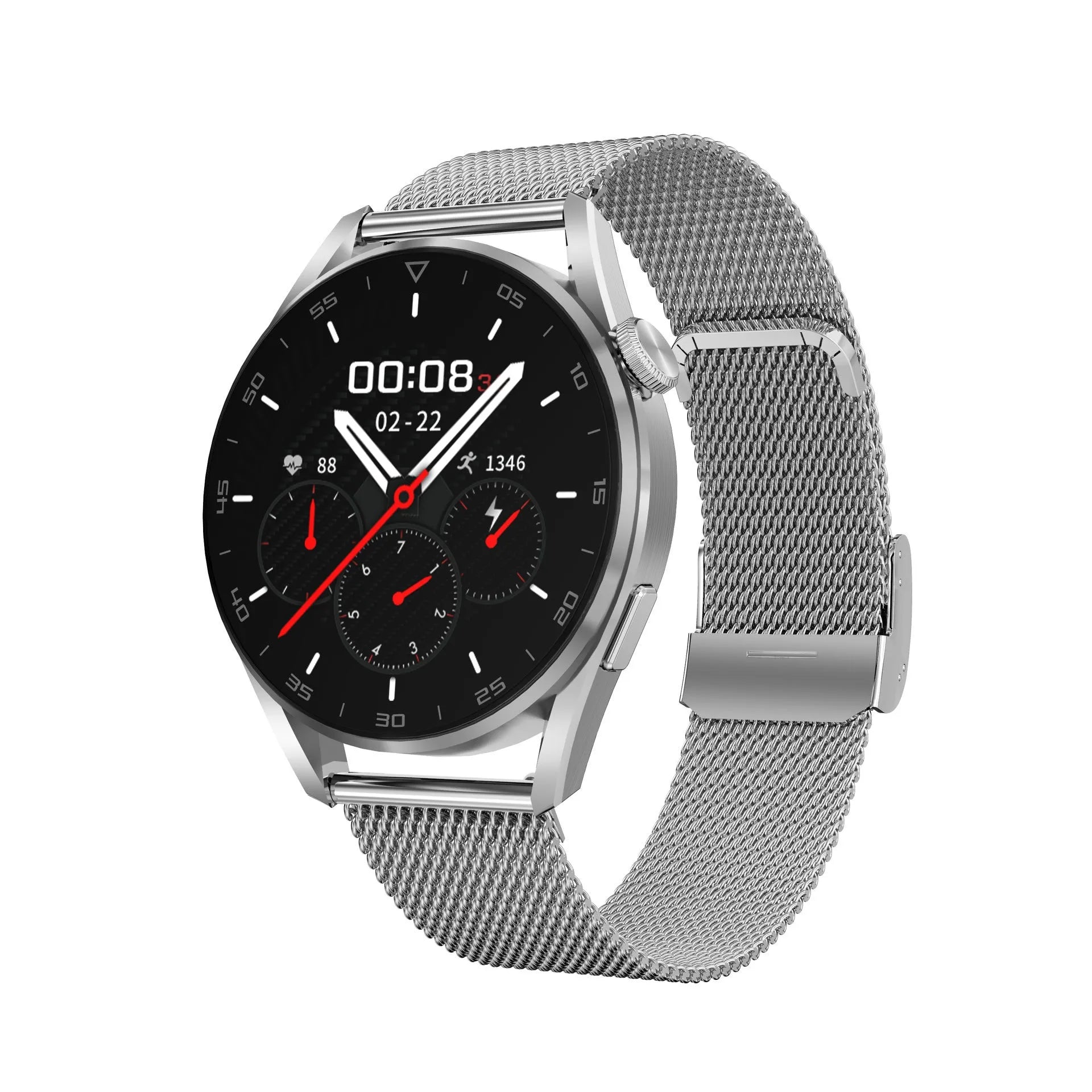 Black smart watch with Bluetooth calling and QR code scan function on a leather strap