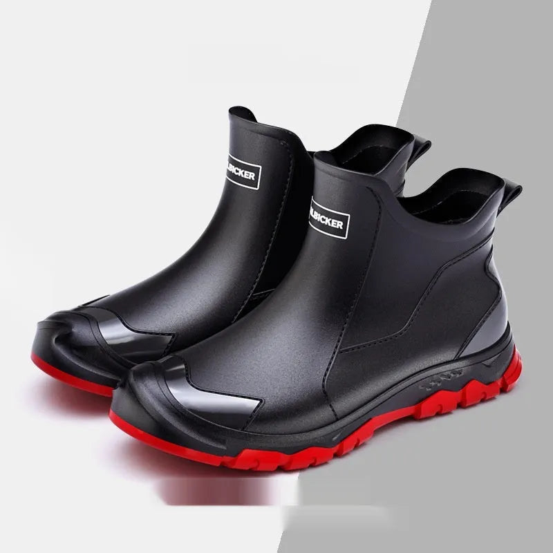 Korean style short tube PVC rain boots in black and red with non-slip rubber soles