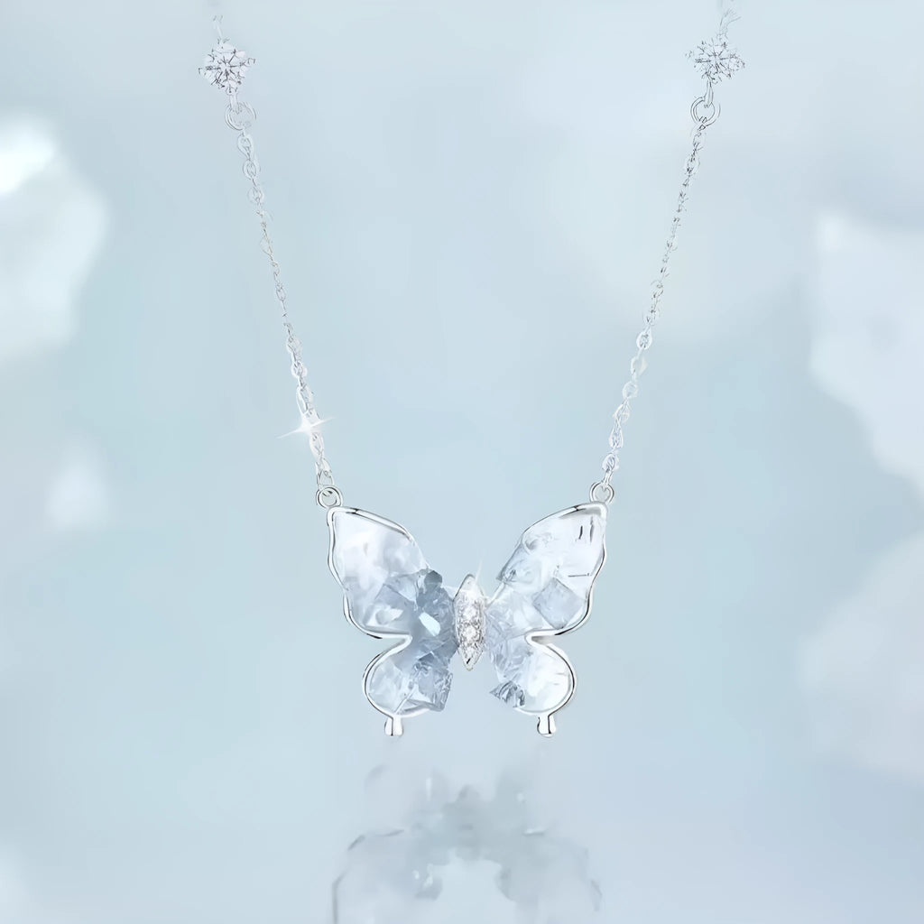 Bingyu Butterfly women's necklace in S925 silver with ice rain pendant on adjustable O-ring chain