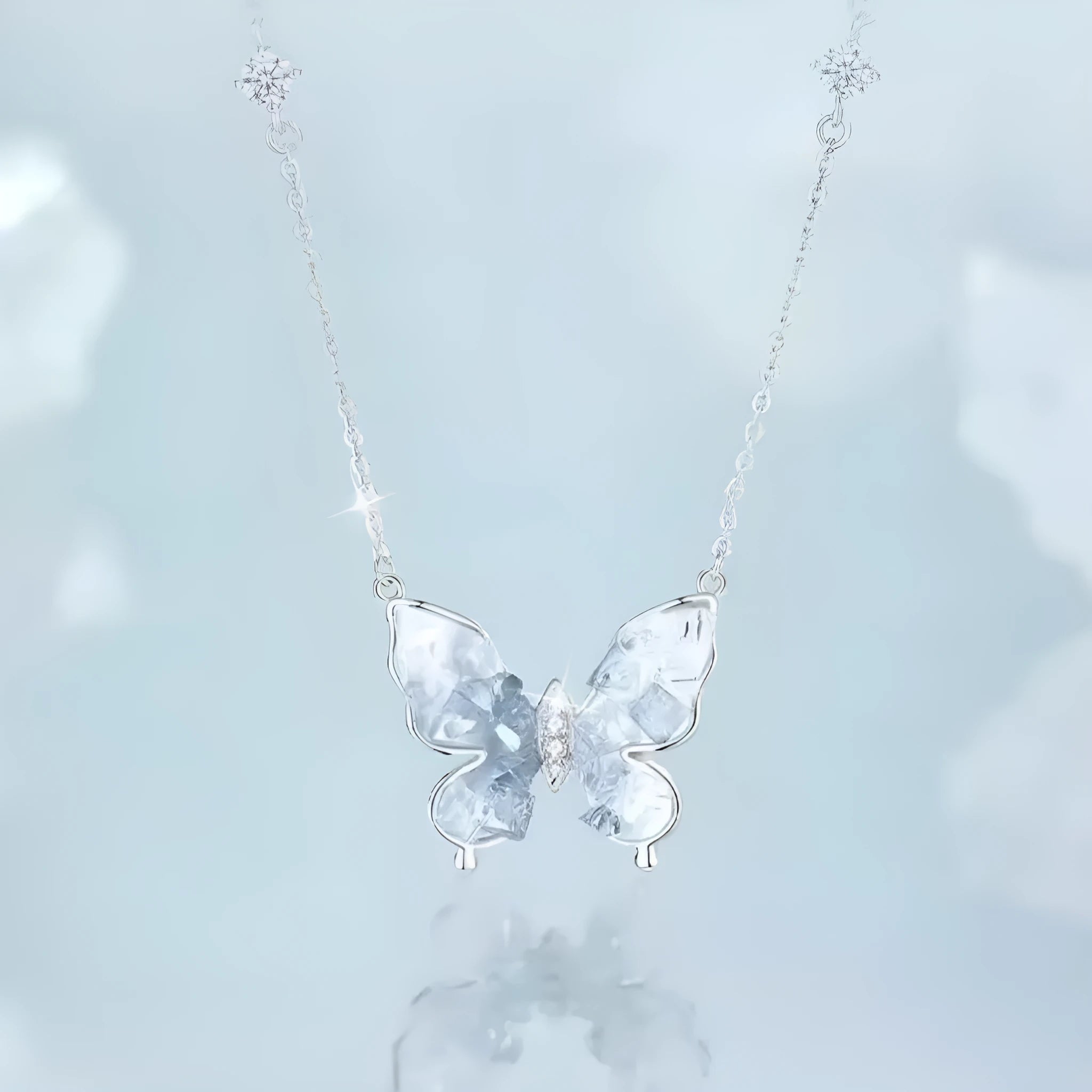 Bingyu Butterfly women's necklace in S925 silver with ice rain pendant on adjustable O-ring chain