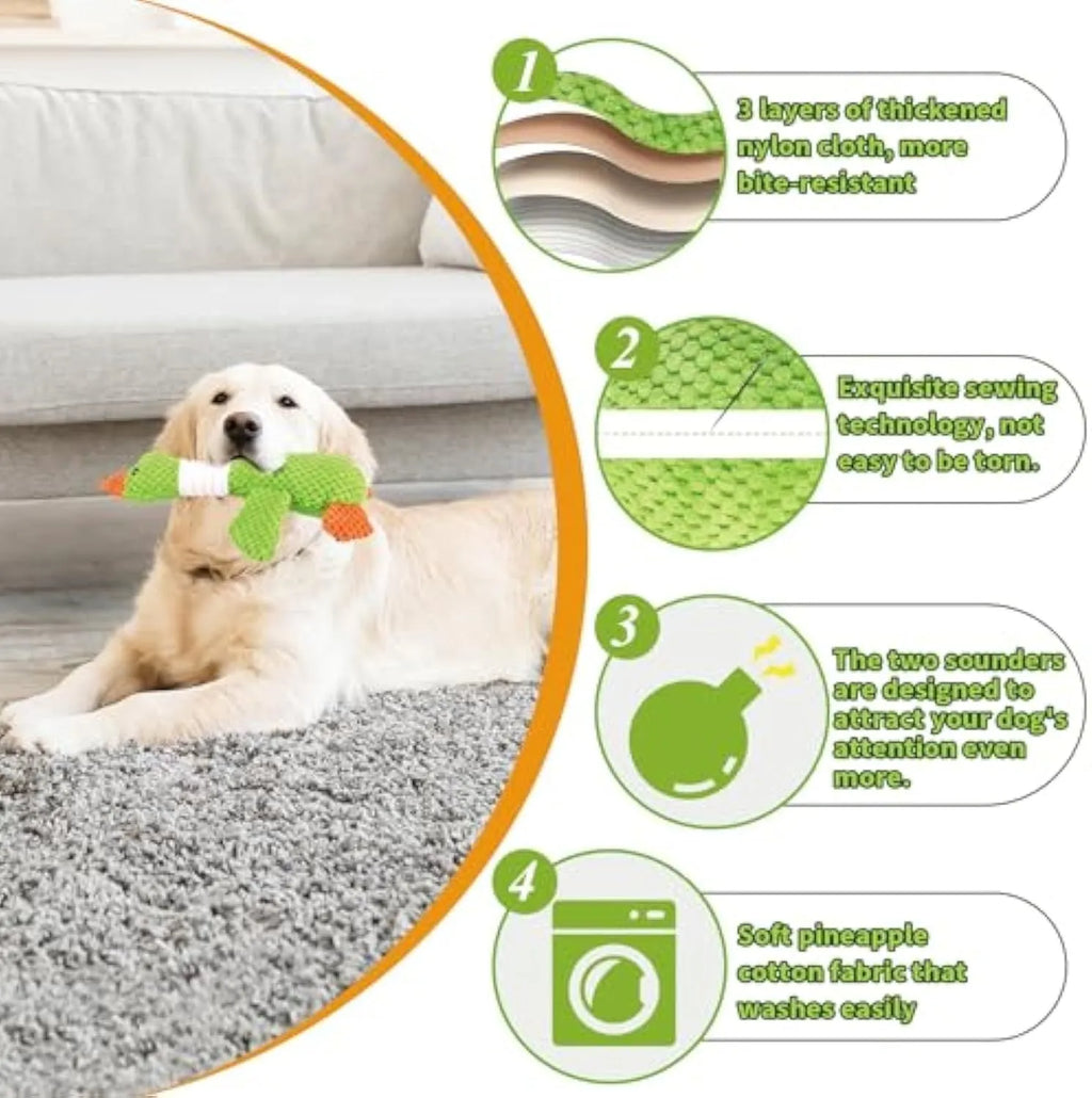 Blue green and grey durable duck plush dog toy with squeakers for chewing and play