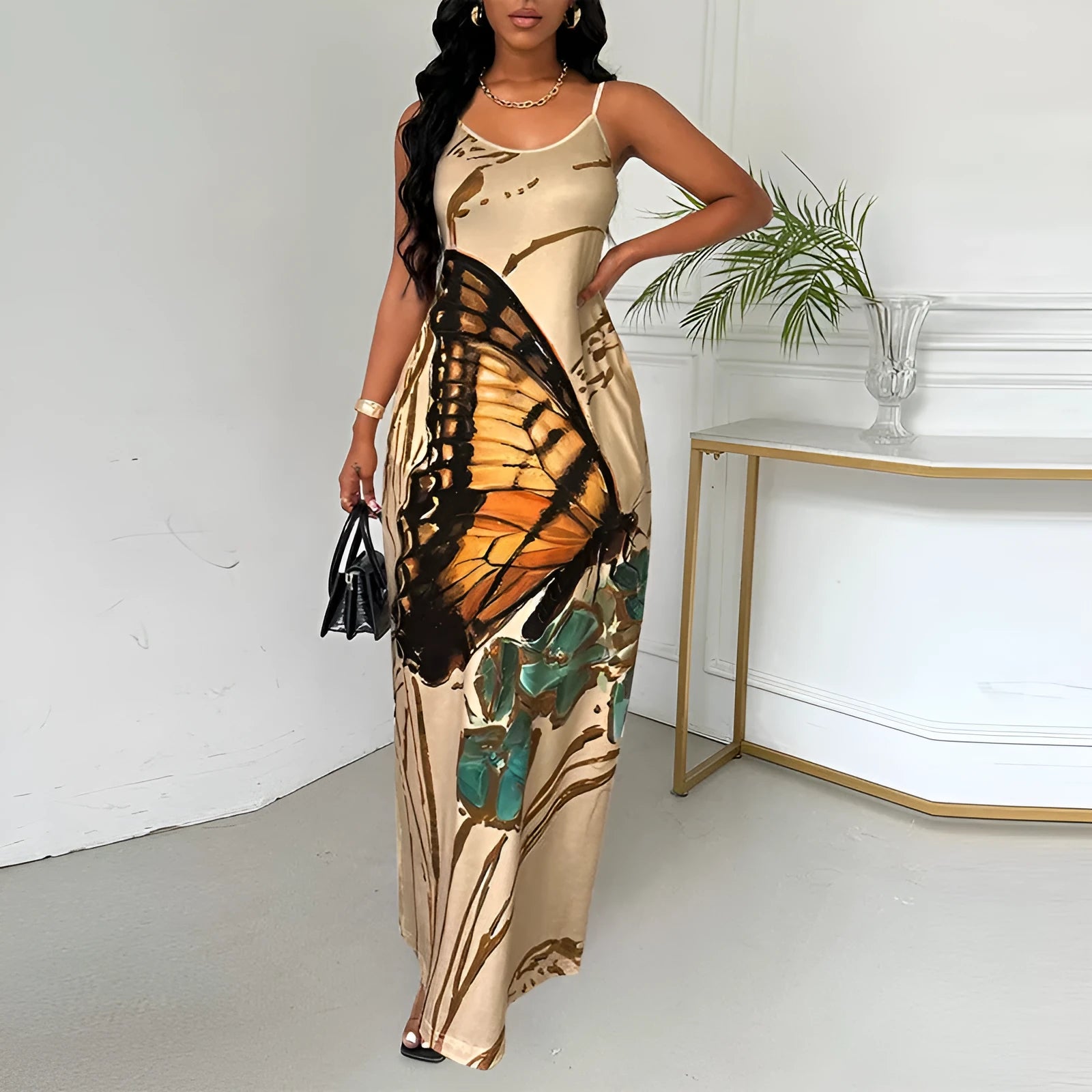 Khaki strapless dress with butterfly print, mid-rise waist, mid-length skirt, sleeveless, milk silk fabric