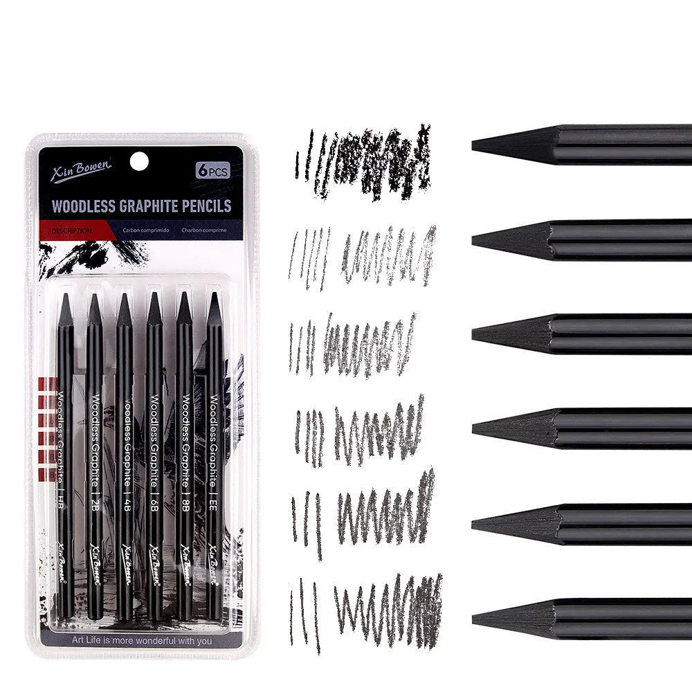 Graphite sketching pencil set with six art grades from HB to EE in wood-free construction