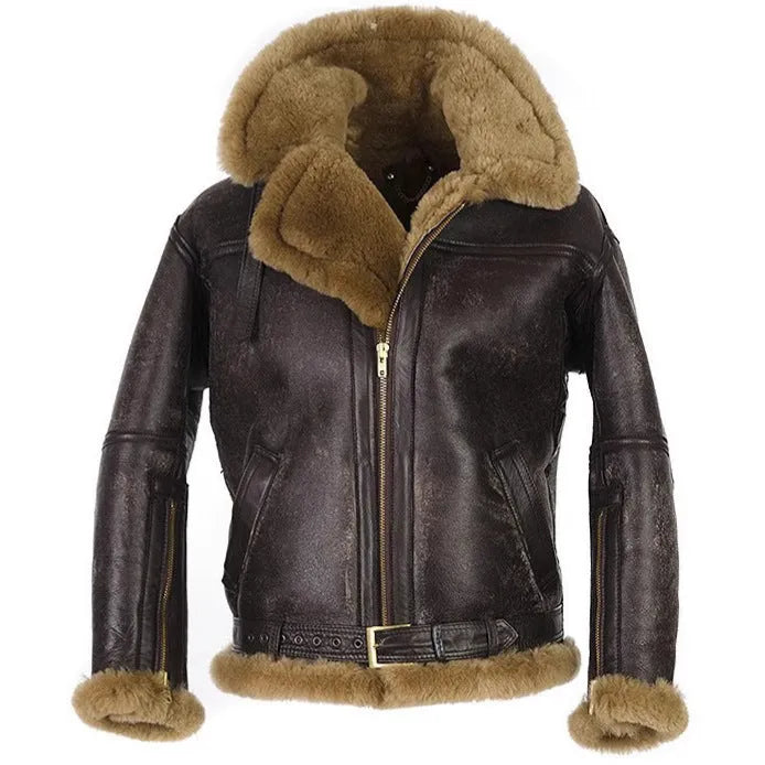 Men's brown synthetic fur coat with vintage styling and medium length design