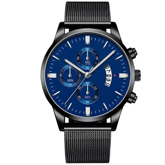 Men's stainless steel quartz watch with mesh band and two-tone case on wrist