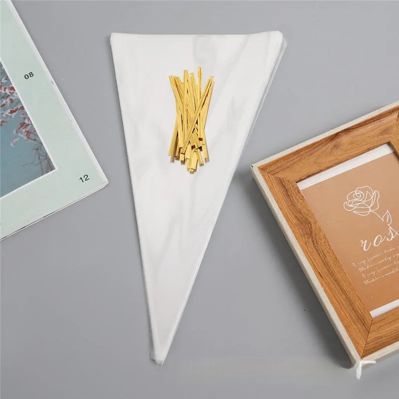 Clear triangle-shaped plastic packaging bag with a built-in white tie wire, shown sealed.