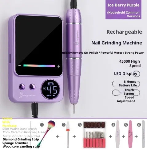 Rechargeable electric nail buffing machine with USB charging in dark gray and purple colours, standard and family versions