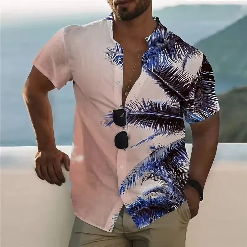 Men's loose floral beach shirt with short sleeves in polyester fabric
