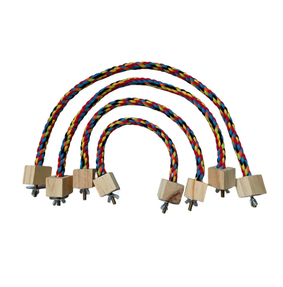 Parrot climbing rope toy with swing rings in wooden material on white background