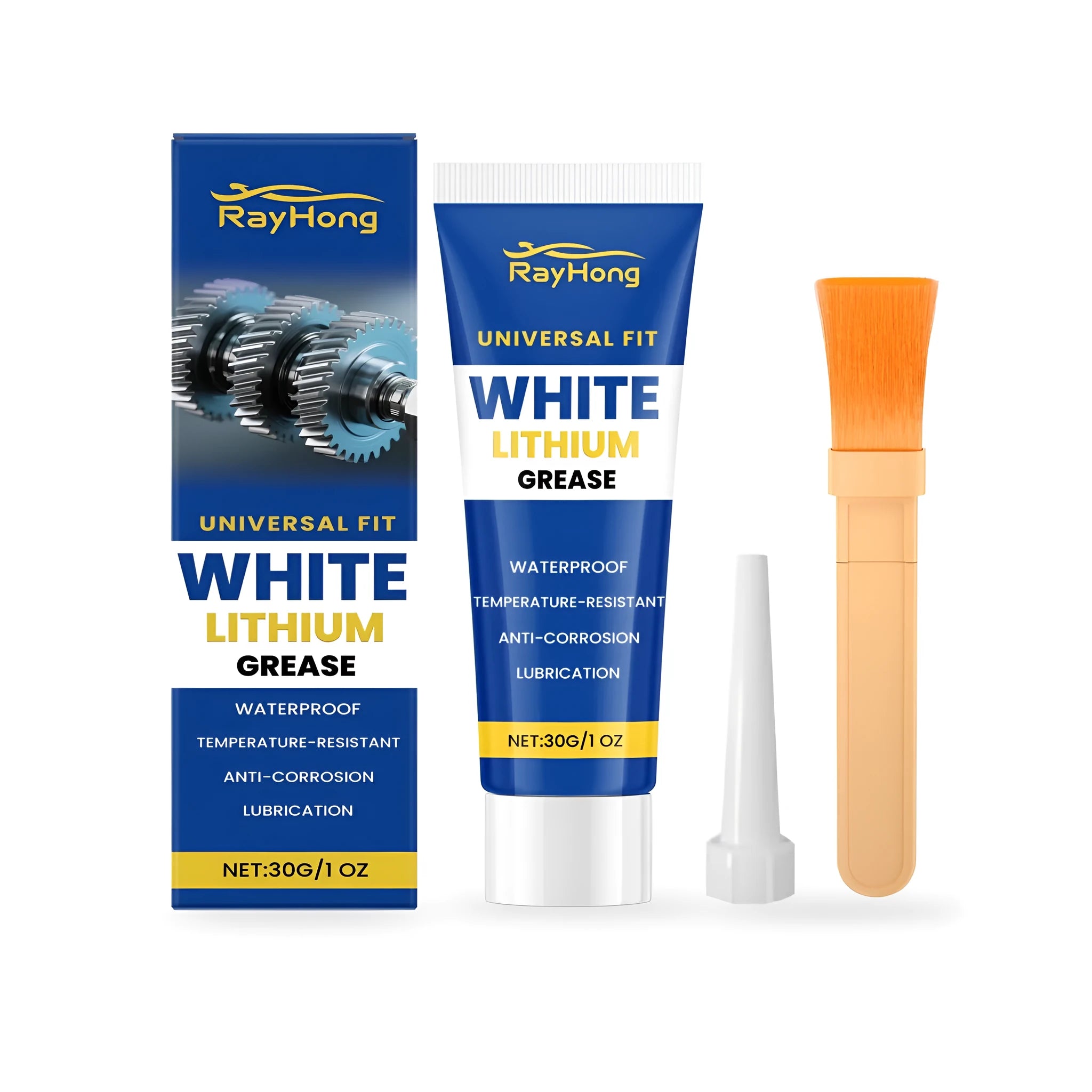 RAYHONG white lithium grease 30g tube with separate brush and nozzle applicator tip.