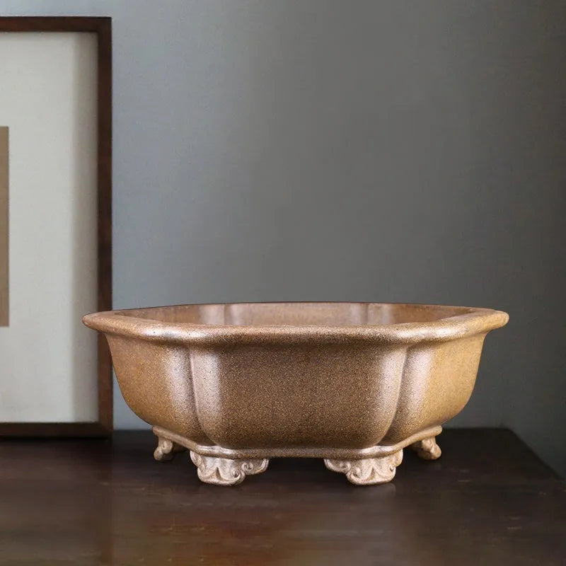 Handmade purple sand plant basin in hexagonal design with traditional Yixing clay construction