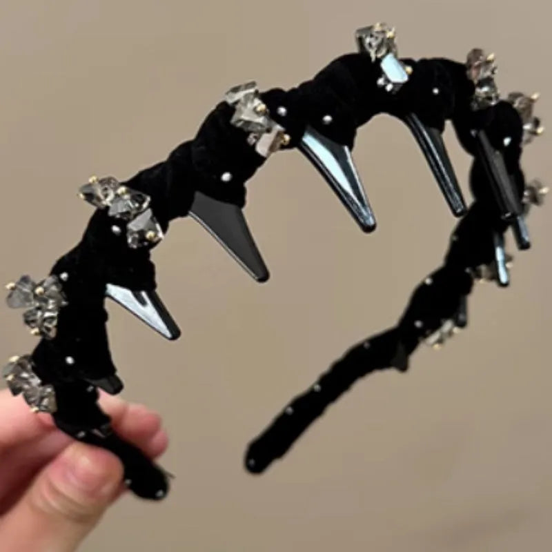 French velvet crystal wave hair pressing headband in black hand-beaded design with non-slip high head construction