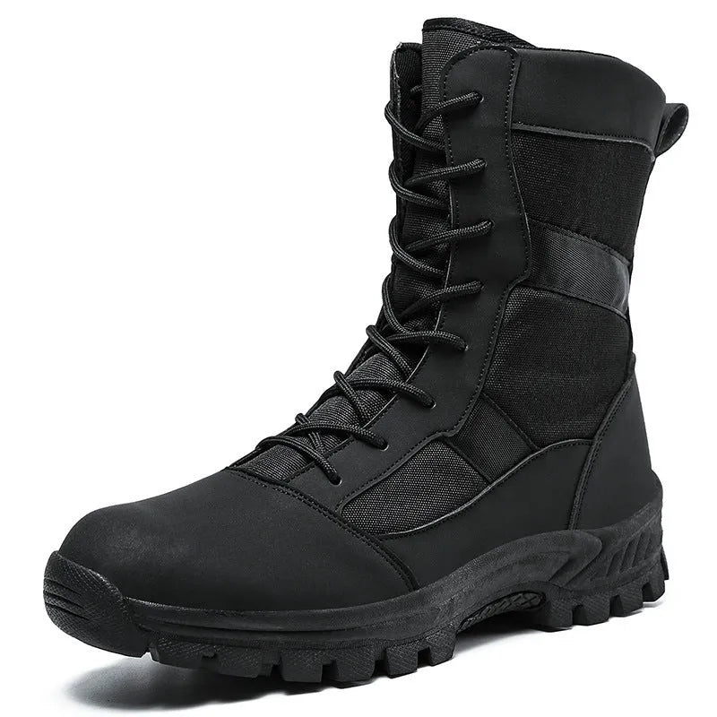 Plus size men's high-top Martin boots in black and camouflage with mesh upper and totem detailing