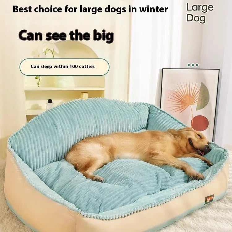 Morandi colour kennel-style dog mat cat bed with removable cover on a sofa, shown in two sizes.