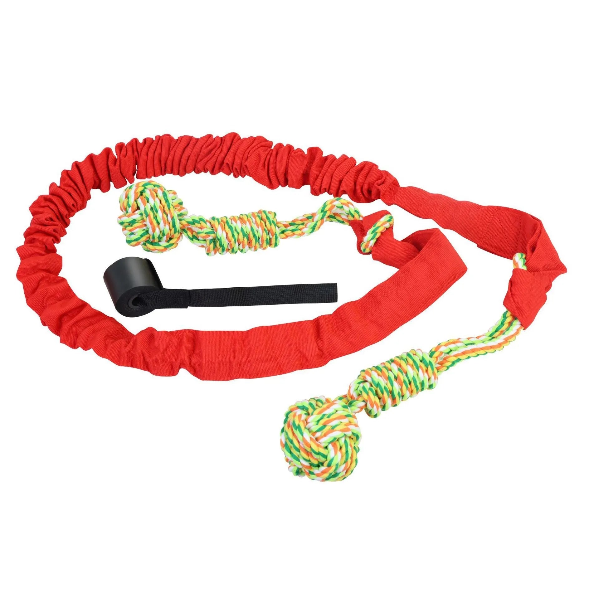 Cotton rope dog tug toy with knotted ends in black, grey or red colours