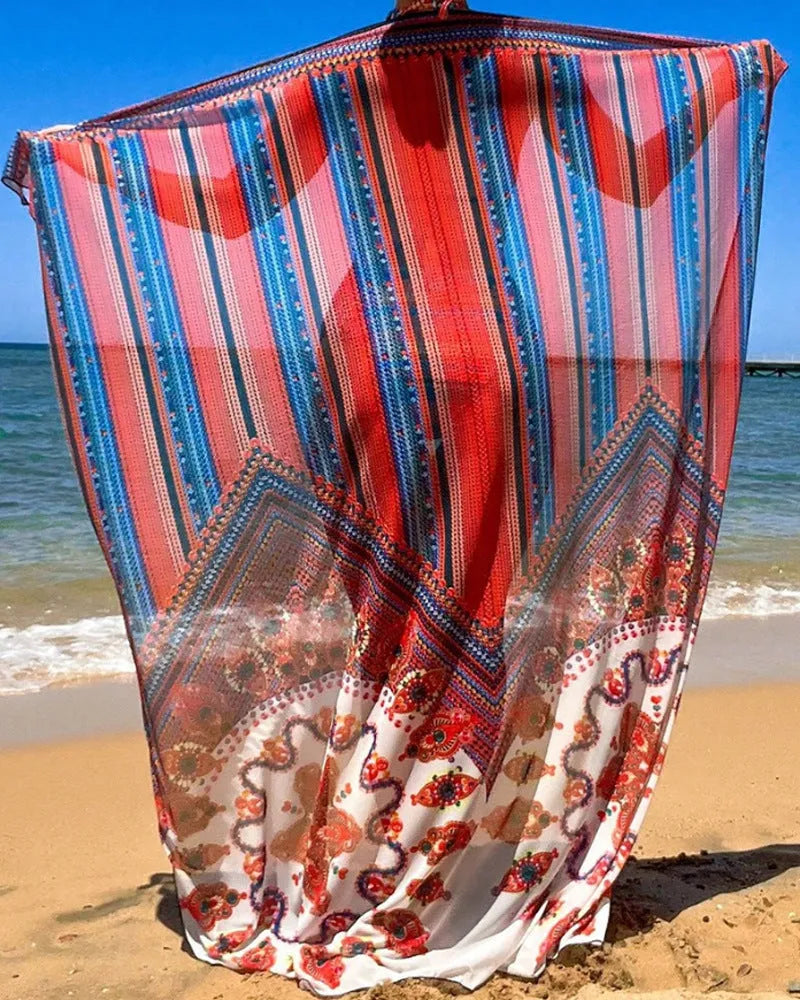 Women's three-piece swimsuit set showing high-waist briefs, cutout sleeveless top, and matching coat in coordinating colours