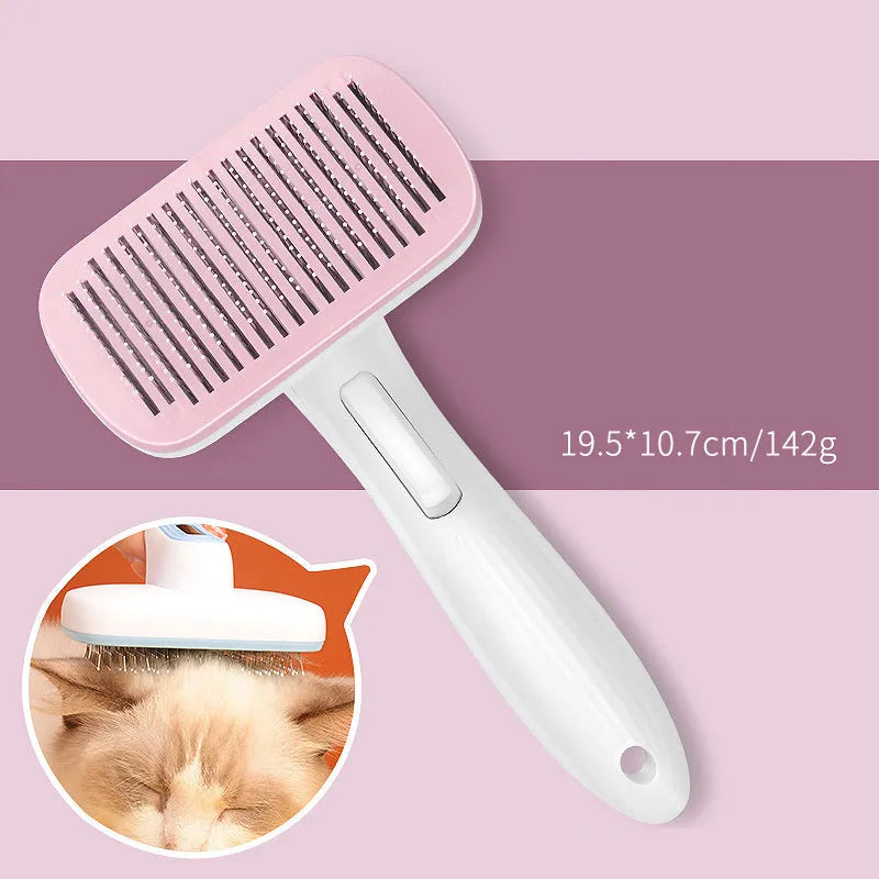 Automatic pet hair removal comb in blue colour with one-click operation for dog and cat grooming