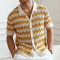 Blue hollow jacquard corrugated short-sleeved sweater with flocking detail
