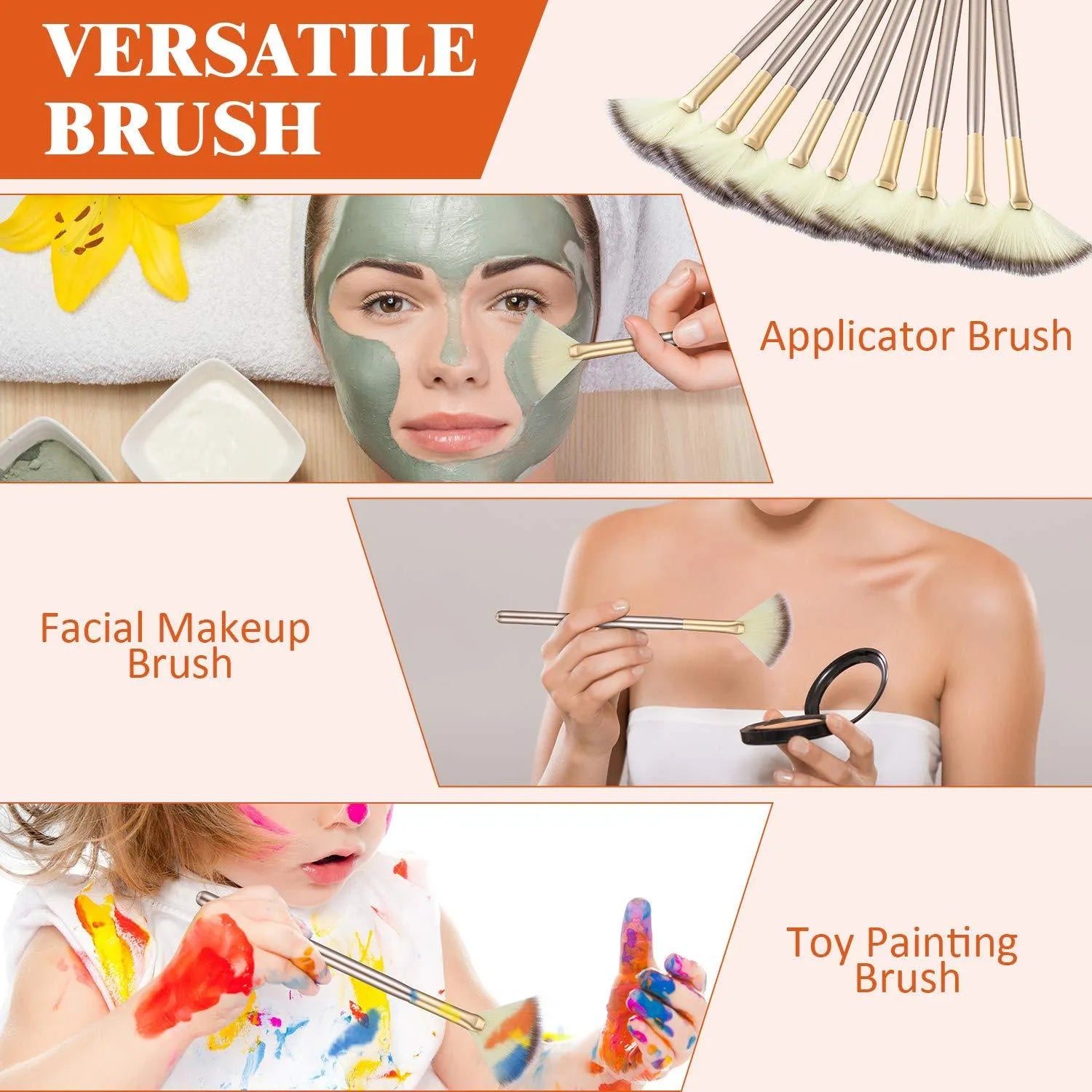 Ten champagne-finished acrylic handle facial fan brushes with protective covers