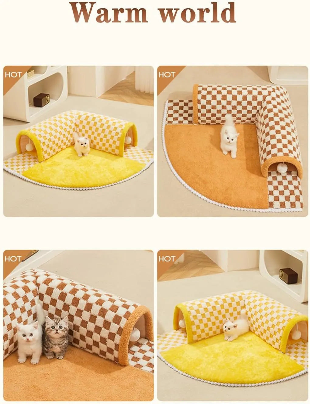 Brown plush plaid cat tunnel bed with central mat for indoor cats