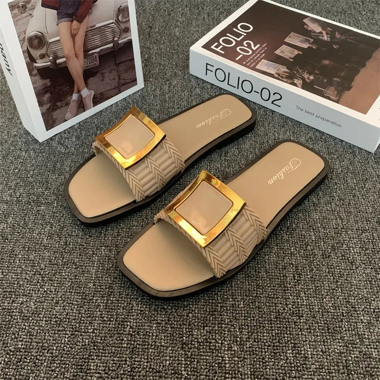 Women's casual apricot flat slippers with a waterproof PVC sole for summer.