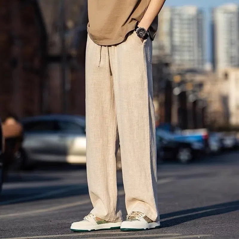 Men's Japanese-style retro baggy straight drawstring trousers in khaki, cotton blend, mid waist, ankle length