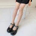 Women's black and white mesh stockings showing large, medium, and small net patterns on a leg.