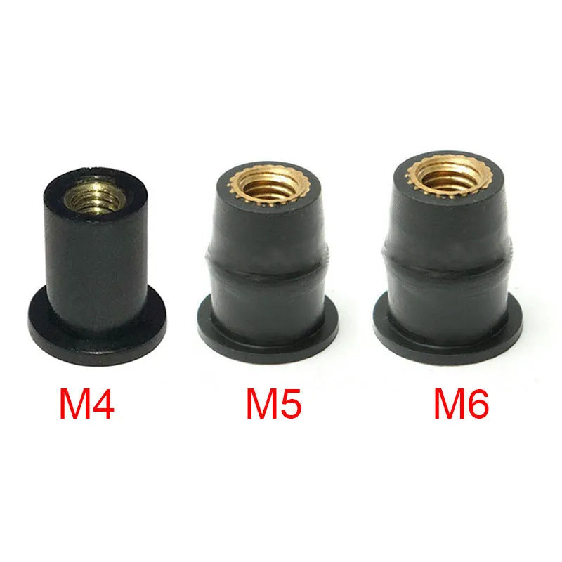 Black motorcycle windshield rubber well nut brass fasteners in three metric sizes