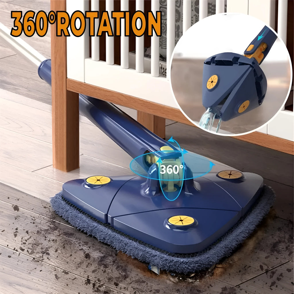 Blue triangle cleaning mop with extendable pole and rotating head for corner cleaning