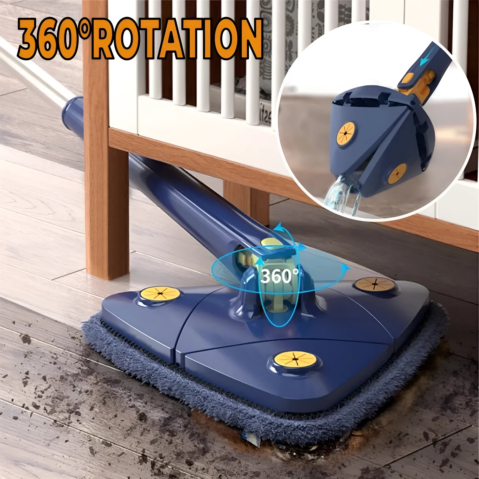 Blue triangle cleaning mop with extendable pole and rotating head for corner cleaning