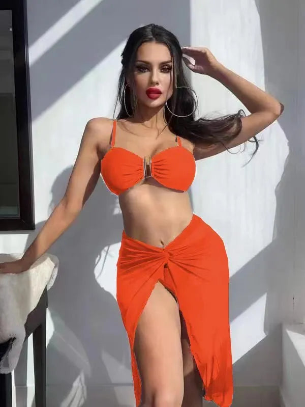 Women's multicolour bikini three-piece set with long culottes French style swimsuit