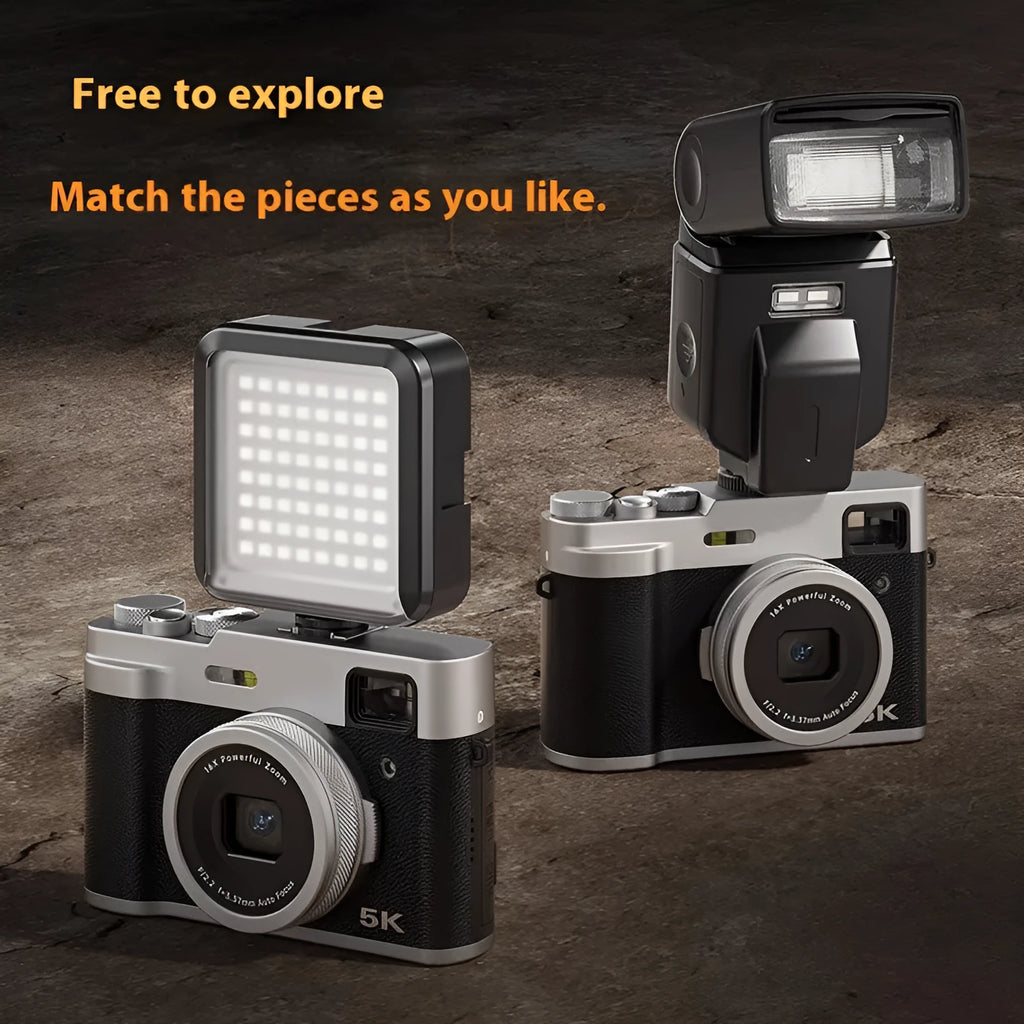Black 5K digital compact camera with dual lenses and optical viewfinder on a 2.88-inch screen