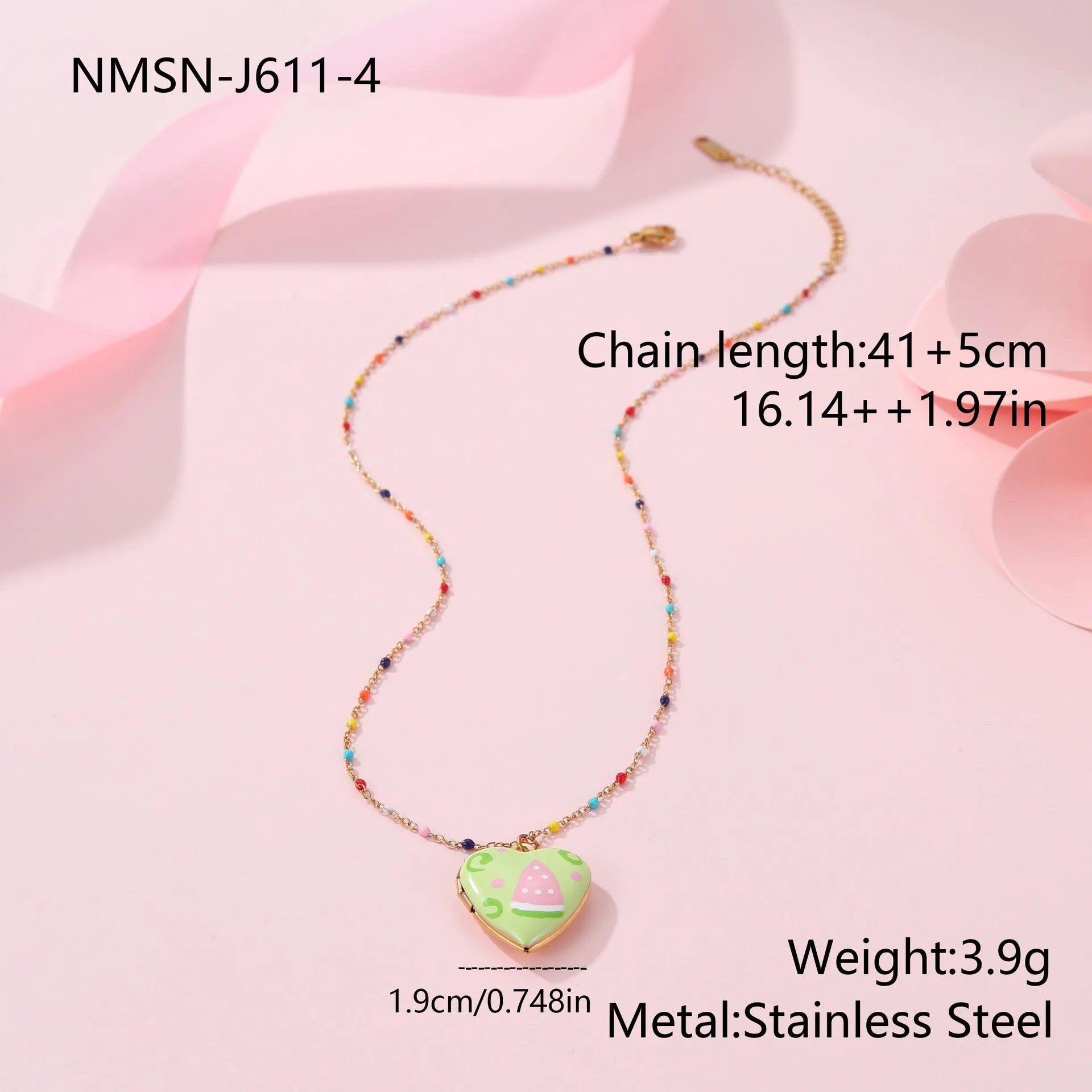 Stainless steel fruit pendant necklace with gold plating showing heart and fruit charm designs on adjustable chain