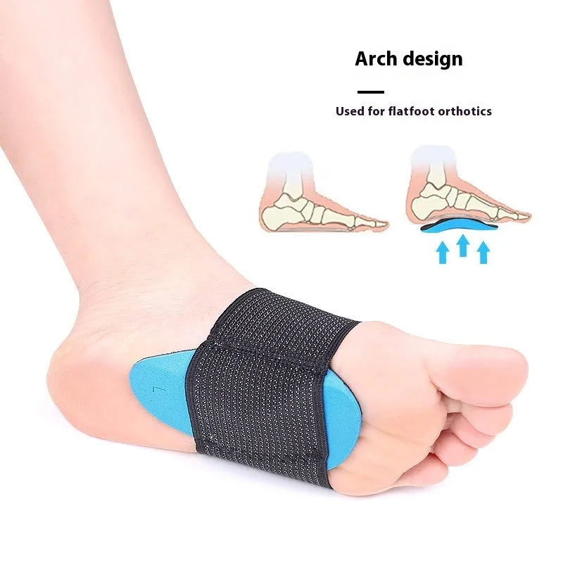 Blue elastic bandage foot pad with arch support for flat feet relief in Adult and Children sizes