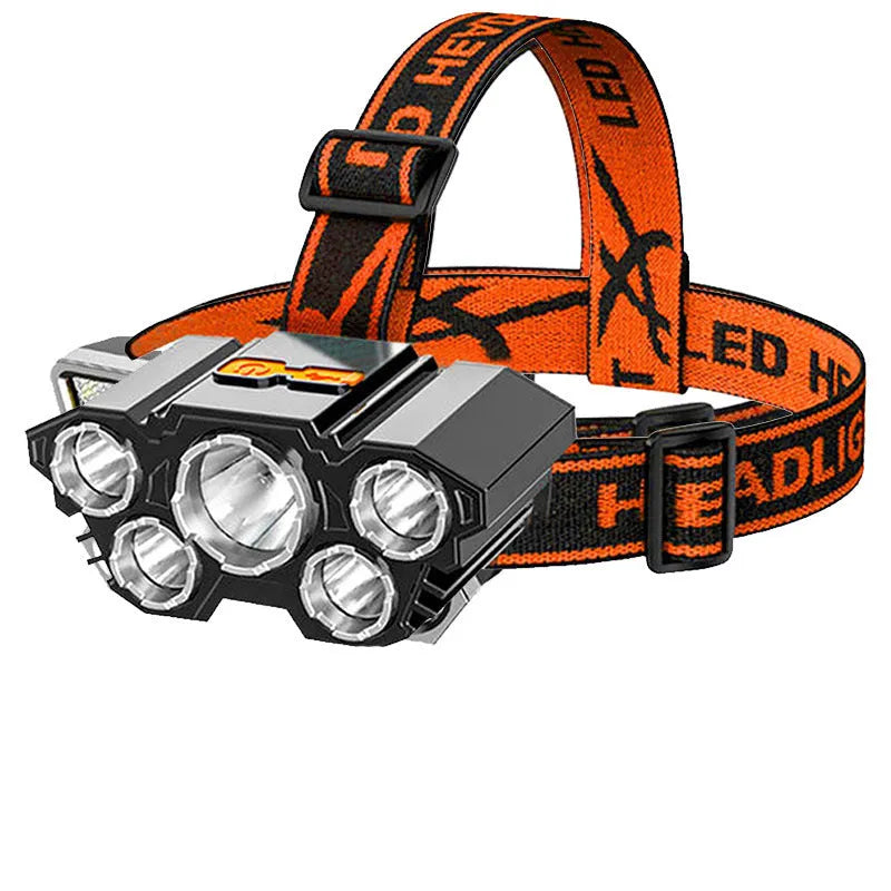 Super bright LED head-mounted miner's lamp with PVC housing and adjustable head strap.
